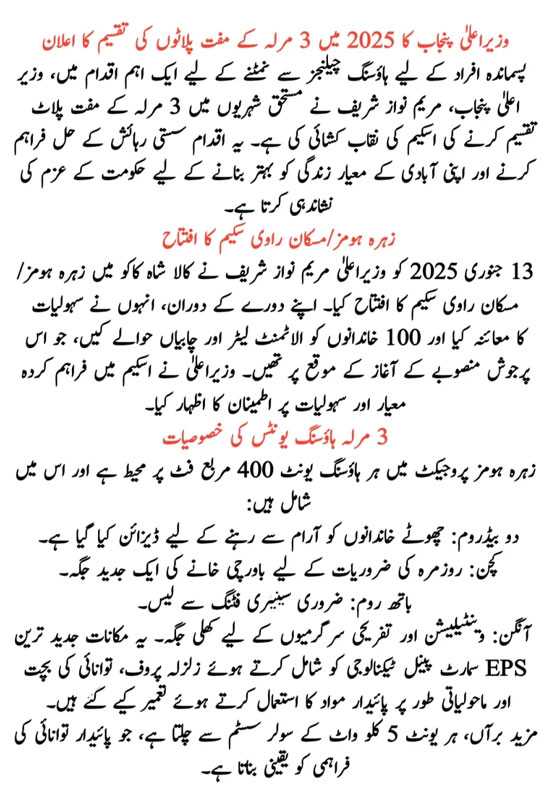 CM Punjab Zahra Homes/Maskan Ravi Scheme