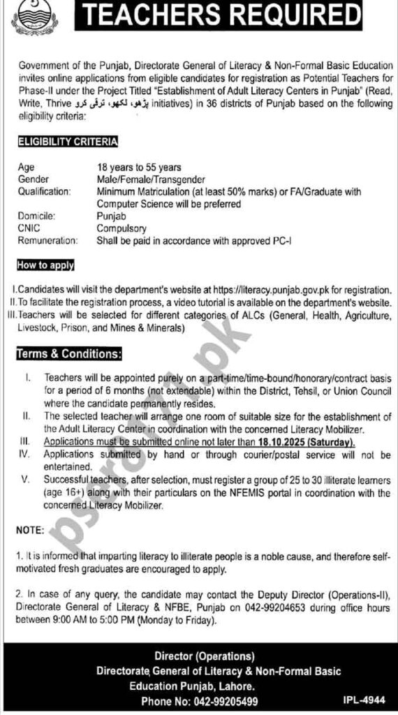 Punjab Literacy Department Jobs 