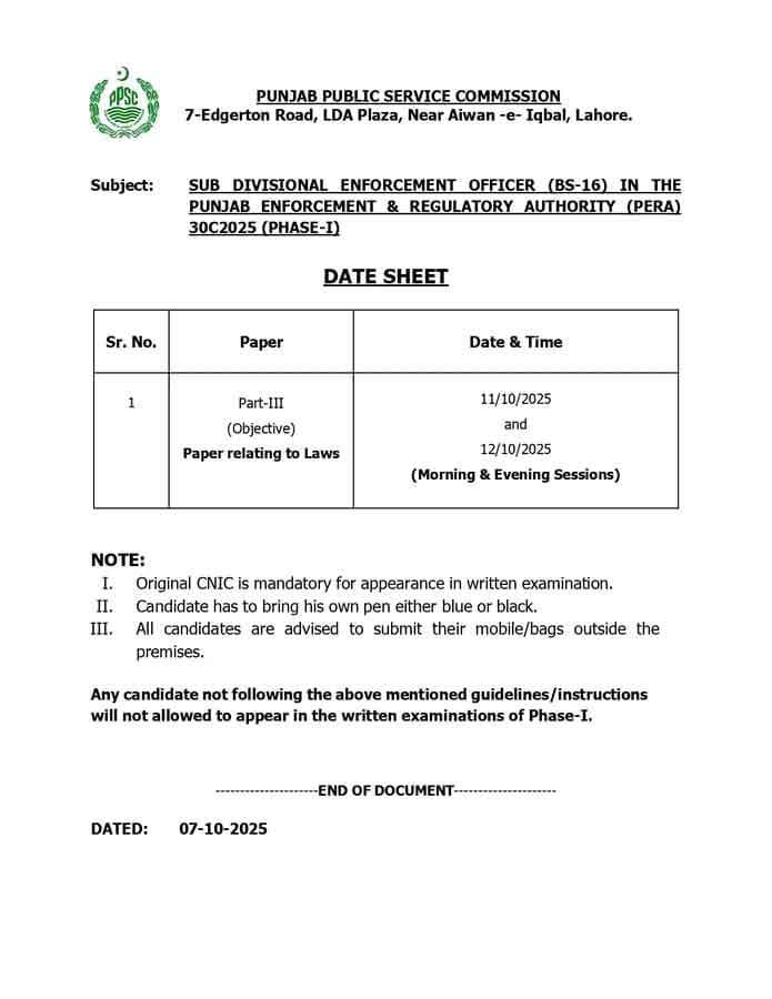  SDEO PERA PPSC Paper Date Sheet 
